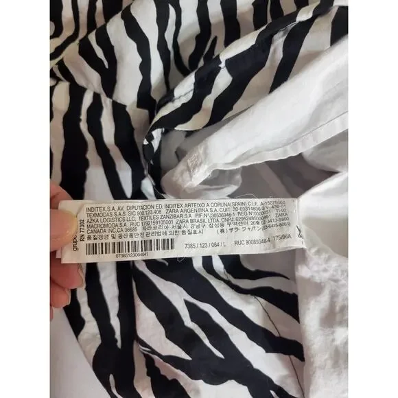 ZARA Poplin Long Sleeve Tunic Top Black Zebra Print Pockets Women's Size Large - Picture 12 of 13